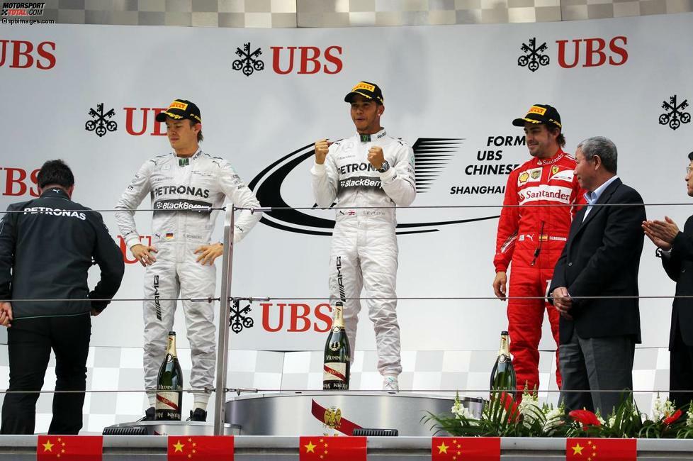 Die Top 3 des Grand Prix von China 2014: Erster Hamilton, der zum dritten Mal hintereinander gewinnt. Zweiter Rosberg, der sich zum dritten Mal en suite geschlagen geben muss. Dritter Alonso, der am Debüt-Wochenende des neuen Teamchefs Mattiacci den ersten Podestpatz der Saison für Ferrari an Land zieht.