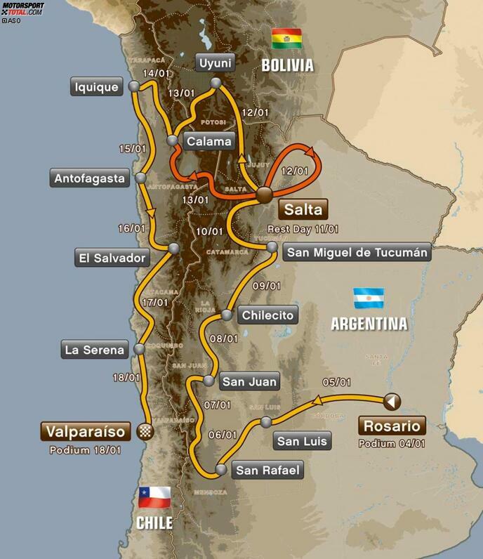 Nicht weniger als 5.522 Kilometer der Gesamtstrecke werden dabei auf Zeit gefahren, was einem Anteil von 58,9 Prozent der Gesamtstrecke entspricht, die 2014 gut 9,3 Prozent länger ist als im Vorjahr. Auch die Länge der Wertungskilometer hat von 2013 auf 2014 zugenommen. Ganze 1.367 Kilometer auf Zeit sind bei der 2014er-Auflage mehr zu absolvieren als 2013, was einem Plus von 32,9 Prozent entspricht. Dieses Mal kreuzen die Autos mit Argentinien und Chile nur zwei südamerikanische Länder, während die Motorräder noch einen Abstecher nach Bolivien machen.