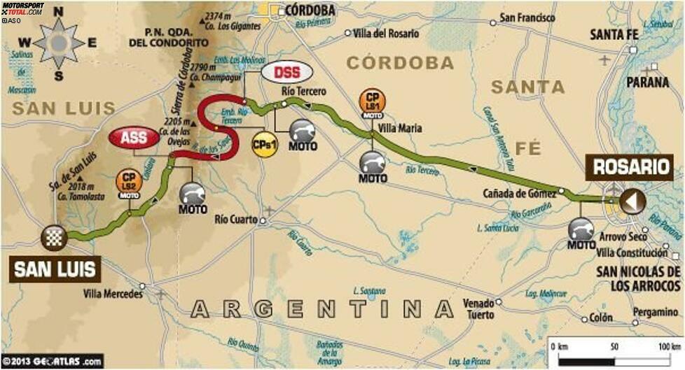 Tag 1 (5. Januar 2014): Start/Ziel in Rosario/San Luis (Etappe 1) Gesamtlänge 809 Kilometer, davon 180 Wertungskilometer.

Start der Rallye Dakar 2014. Von Beginn an ist äußerste Vorsicht geboten: Einige Straßen in der Region um Cordoba sind zu Beginn besonders eng. Anschließend kommen steinige Passagen mit zahlreichen Sprüngen, die schwer einsehbar sind. Nach 809 gefahrenen Kilometern erreichen die Fahrer das Ziel. Auch wenn die Abstände im Ziel noch nicht sehr groß sind, die besten Fahrer versuchen bereits auf der ersten Etappe ein Zeichen zu setzen.