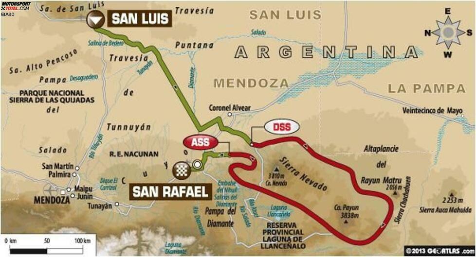 Tag 2 (6. Januar 2014) San Luis - San Rafael (Etappe 2): Gesamtlänge 798 Kilometer, davon 433 Wertungskilometer.

Die schnellste Wertungsprüfung der Rallye Dakar 2014. Im ersten Etappenabschnitt geht es zum ersten Mal in die Dünen. Der Kampf gegen den Sand zieht sich durch den ganzen Tag: Auf den letzten 100 Kilometern fordern die grauen Dünen von Nihuil die Fahrer heraus. Auch wenn der Sand dort fester ist, ist diese Etappe ein echter Test für Fahrer und Fahrzeuge. Zugleich erreicht die Dakar 2014 in San Rafael ihren südlichsten Punkt.