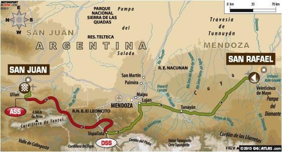 Tag 3 (7. Januar 2014) San Rafael - San Juan (Etappe 3): Gesamtlänge 596 Kilometer, davon 301 Wertungskilometer.

Am dritten Tag geht es in die Berge. In den Vor-Anden ist Erfahrung im Hochgebirge nötig. Am Fuße des 6.962 Meter hohen Aconcagua-Vulkans sind die Fahrer froh, wenn sie nach knapp 600 Kilometern das Fahrerlager erreichen.