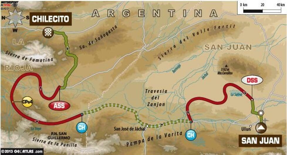 Tag 4 (8. Januar 2014) San Juan - Chilecito (Etappe 4): Gesamtlänge 868 Kilometer, davon 657 Wertungskilometer.

Seit der historischen Wertungsprüfung von Zouerat nach Tichit im Jahr 2005 gab es keine längere Wertungsprüfung bei der Rallye Dakar. Die Fahrer müssen Flüsse überqueren, Schluchten meistern und auf der Hut vor der Konkurrenz sein. Schließlich sind die Gebiete weitläufig, sodass auf der vierten Etappe recht problemlos überholt werden kann. Zugleich ist die Wertungsprüfung nach Cilecito auch die längste der Dakar 2014 für die Autos.