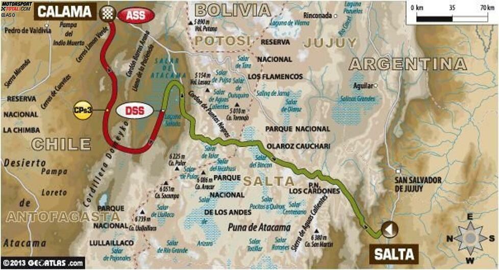 Tag 9 (13. Januar 2014) Salta - Calama (Etappe 8): Gesamtlänge 812 Kilometer, davon 302 Wertungskilometer.

Auf der achten Etappe überqueren die Fahrer den chilenischen Teil der Anden. Aufgrund der gefährlichen Abhänge ist den Autos auf der Verbindungsetappe das Überholen von Motorrädern und Quads untersagt. Auf der Wertungsprüfung sind die Fahrer im Vorteil, die auch auf schnellen engen Streckenabschnitten die Ruhe bewahren. Die Fahrer müssen von Beginn an auf ihre Position achten und sich eine optimale Route heraussuchen. Die GPS-Daten werden von der Rennleitung genauestens überwacht.