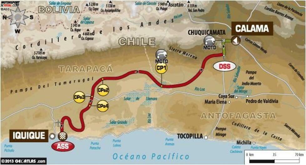 Tag 10 (14. Januar 2014) Calama - Iquique (Etappe 9): Gesamtlänge 451 Kilometer, davon 422 Wertungskilometer.

In Iquique erreichen die Fahrer den nördlichsten Punkt der Rallye Dakar, von wo aus sie zum ersten Mal den Pazifischen Ozean erreichen. Danach geht es für die Teams für knapp 150 Kilometer in die ermüdenden Dünen der Atacama-Wüste, dem trockensten Punkt der Erde. Die letzten drei Kilometer haben es dann in sich: Bei der Abfahrt nach Iquique legen die Fahrer einen Höhenunterschied von 30 Prozent zurück.