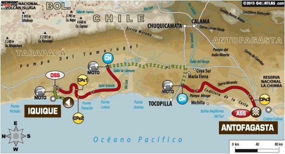 Tag 11 (15. Januar 2014) Iquique - Antofagasta (Etappe 10): Gesamtlänge 689 Kilometer, davon 631 Wertungskilometer.

Auf den ersten 200 Kilometern in Richtung Küste haben die Fahrer hauptsächlich Sand unter den Reifen. Im zweiten Teil der Wertungsprüfung müssen die Fahrer mit dem treibsandartigen 