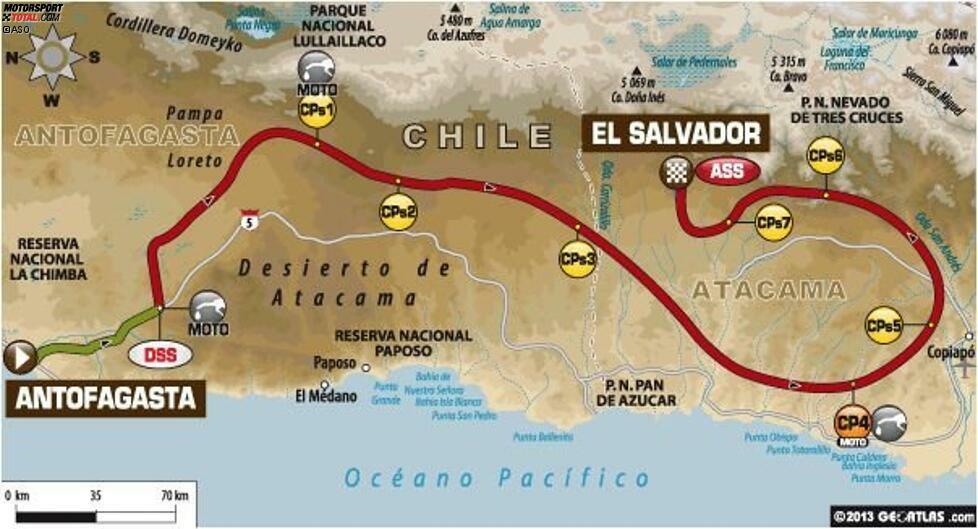 Tag 12 (16. Januar 2014) Antofagasta - El Salvador (Etappe 11): Gesamtlänge 749 Kilometer, davon 605 Wertungskilometer.

Auf dieser Etappe sind Off-Road-Erfahrungen erster Klasse gefragt. Noch einmal verlangt die Atacama-Wüste den Fahren auf 605 Wertungskilometern alles ab. In den Dünen von Copiapo gibt es genügend Möglichkeiten, sich wieder in den Kampf um den Gesamtsieg einzuschalten. Die elfte Etappe ist eine Schlüsseletappe der Dakar 2014.
