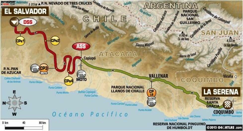 Tag 13 (17. Januar 2014) El Salvador - La Serena (Etappe 12): Gesamtlänge 699 Kilometer, davon 350 Wertungskilometer.

Gestartet wird in den Höhen von El Salvador. Hier gibt es keinen Camanchaca, den berüchtigten Frühnebel, der in der Vergangenheit des Öfteren einen Rallye-Start verhinderte. Erneut steht bei dieser Wertungsprüfung viel Sand auf dem Plan und ein Dünengürtel, den die Fahrer zum Ende hin überqueren müssen. Führende Fahrer seien gewarnt: In den Dünen wurde bereits so manche Führung verschenkt.