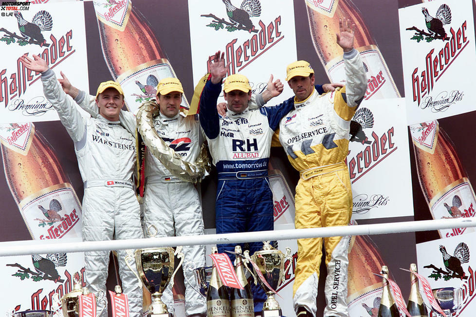 Auf dem Siegertreppchen in Hockenheim: Marcel Fässler (Mercedes), Bernd Schneider (Mercedes), Michael Bartels (Opel) und Manuel Reuter (Opel).