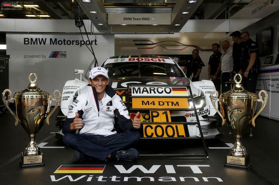 Nürburgring (Deutschland), 17. August 2014: Marco Wittmann feiert seinen jüngsten Erfolg in dem Wissen, seinen Vorsprung in der DTM-Gesamtwertung auf 64 Punkte (!) ausgebaut zu haben. Damit würde ihm schon ein vierter Platz beim folgenden Rennen zum Titelgewinn reichen.