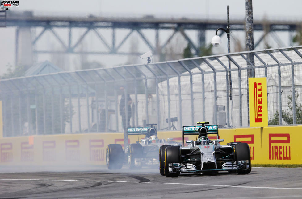 Rückschlag Nummer 4: Wieder ist es ein eigener Fehler, der Hamilton in Kanada die Pole-Position kostet. Doch im Rennen kommt es für den Mercedes-Piloten noch härter: Ein Bremsdefekt reißt den 29-Jährigen aus allen Siegträumen. Kurioserweise erleidet Rosberg das gleiche Problem, doch der Deutsche kann sich noch auf Rang zwei ins Ziel retten.