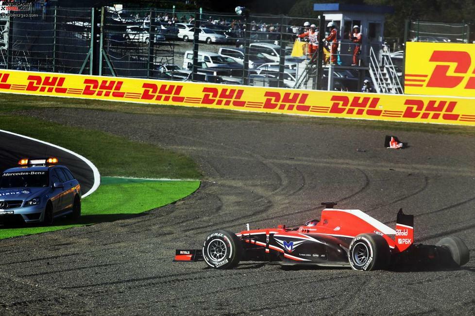 Noch härter trifft es aber Jules Bianchi (Marussia) beim Start. Im Kiesbett der Kurve 1 geht das Rennen für ihn zu Ende.