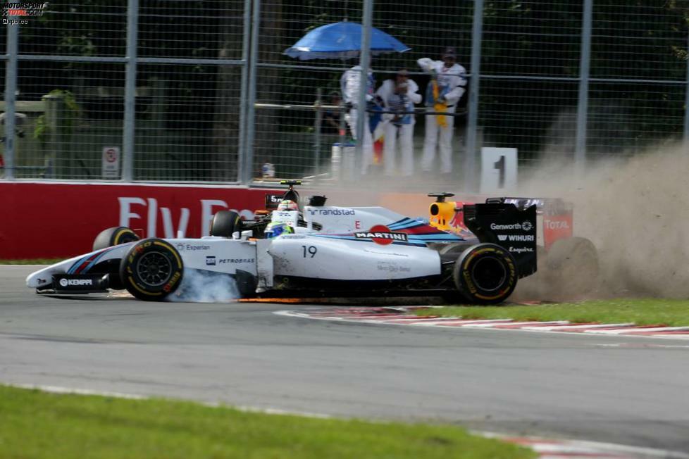 Vettel hat dabei noch unglaubliches Glück: Links schießt Massa wie eine Rakete an ihm vorbei, rechts Perez - nur Zentimeter verhindern, dass der Deutsche auch in die Kollision verwickelt wird.