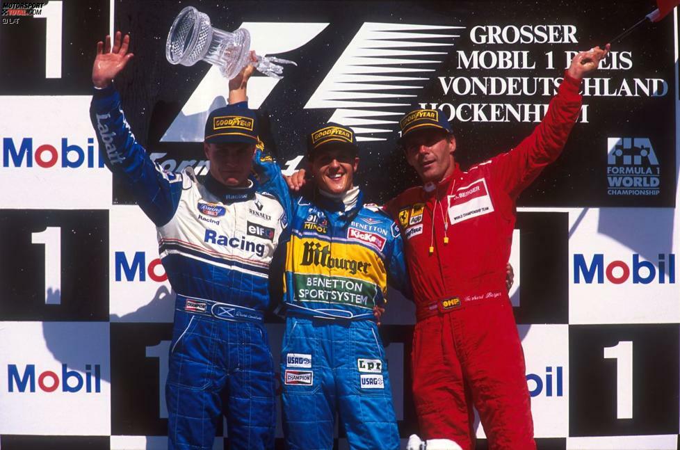 Auch beim Großen Preis von Deutschland in Hockenheim wird Berger Dritter. Sieger: Michael Schumacher, dessen Benetton Berger ...