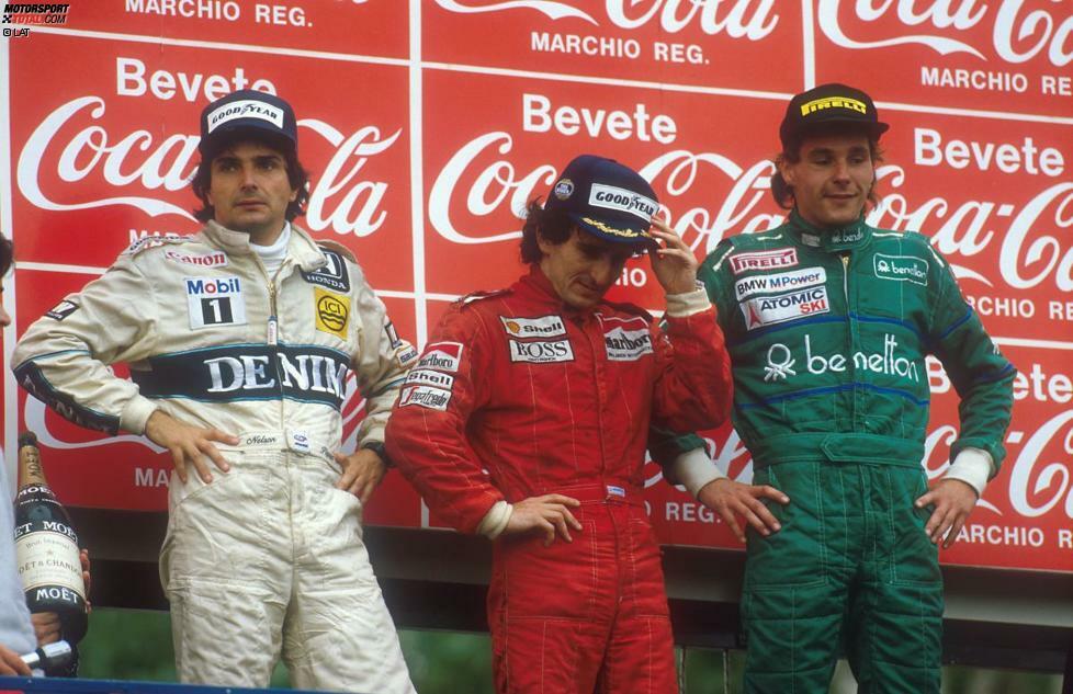Imola 1986: Bergers drittes Rennen für Benetton bringt den ersten Podestplatz seiner Formel-1-Karriere. Hinter Alain Prost (McLaren) und Nelson Piquet (Williams) bringt der Österreicher seinen B186 als Dritter ins Ziel. Kurz vor Schluss lässt er sich bewusst von Prost überrunden, um so eine Runde weniger fahren zu müssen. Zahlreiche Konkurrenten probieren die volle Distanz und rollen ohne Sprit aus...