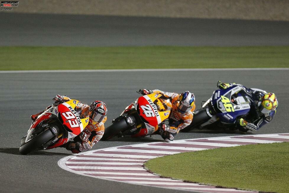 Yamaha dominierte den Saisonauftakt in Doha, doch Marquez hinterließ mit seinem ersten Podestplatz eine Duftmarke und stellte Teamkollege Pedrosa, der als Favorit in die Saison gestartet war, deutlich in den Schatten