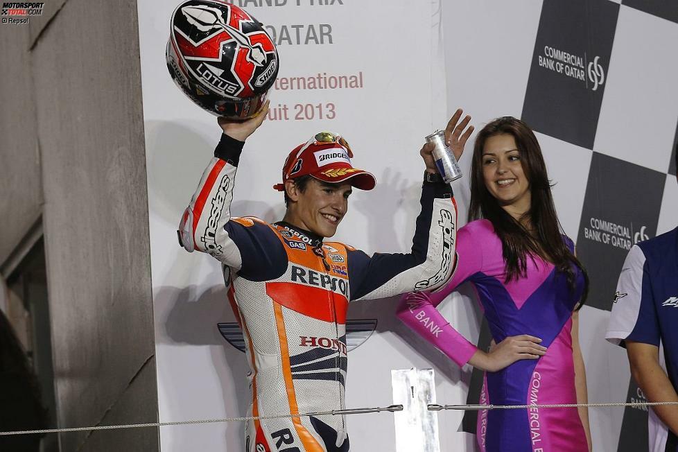 Hinter Jorge Lorenzo und Valentino Rossi stieg Marquez bei seinem ersten MotoGP-Rennen als bester Honda-Pilot aufs Podium