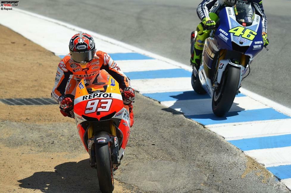 Erinnerungen an 2008: Mit einem legendären Überholmanöver ging das Ausnahmetalent beim Rennen in Laguna Seca an Valentino Rossi vorbei und verabschiedete sich mit einem Sieg in die Sommerpause. Auch nach den rennfreien Wochenenden diktierte Marquez das Geschehen in der MotoGP und gewann in Indy und Brünn