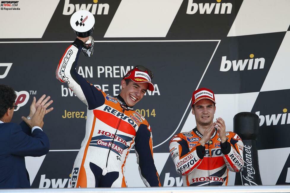 Honda gibt in der WM-Wertung den Ton an: Marquez verlässt Jerez mit der Maximalpunktzahl von 100 Punkten, Teamkollege Pedrosa ist mit 72 Zählern WM-Zweiter.