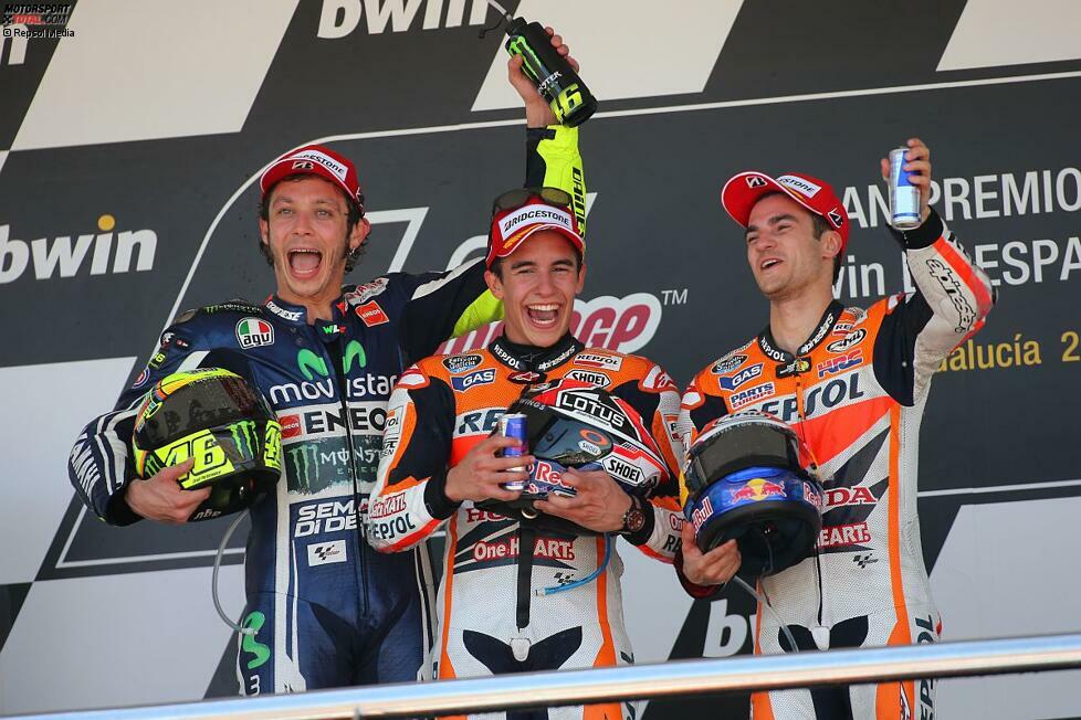 Zufriedene Gesichter auf dem Podium: Valentino Rossi, Marc Marquez und Dani Pedrosa freuen sich über den Ausgang des Europaauftakts in Jerez.