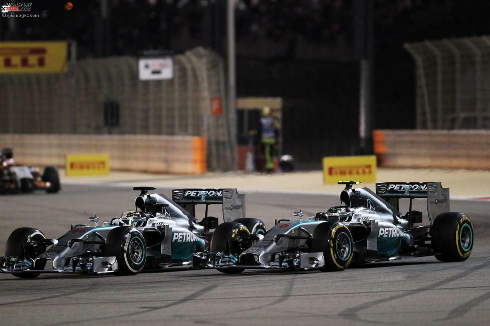 2014 erlebt die Wüste von Bahrain bei der Flutlicht-Premiere eine epische Schlacht der beiden Silberpfeil-Piloten. In einem beinharten Zweikampf ringt Lewis Hamilton seinen Teamkollegen Nico Rosberg nieder. Dritter wird in einem spannenden Grand Prix überraschend Sergio Perez im Force India.