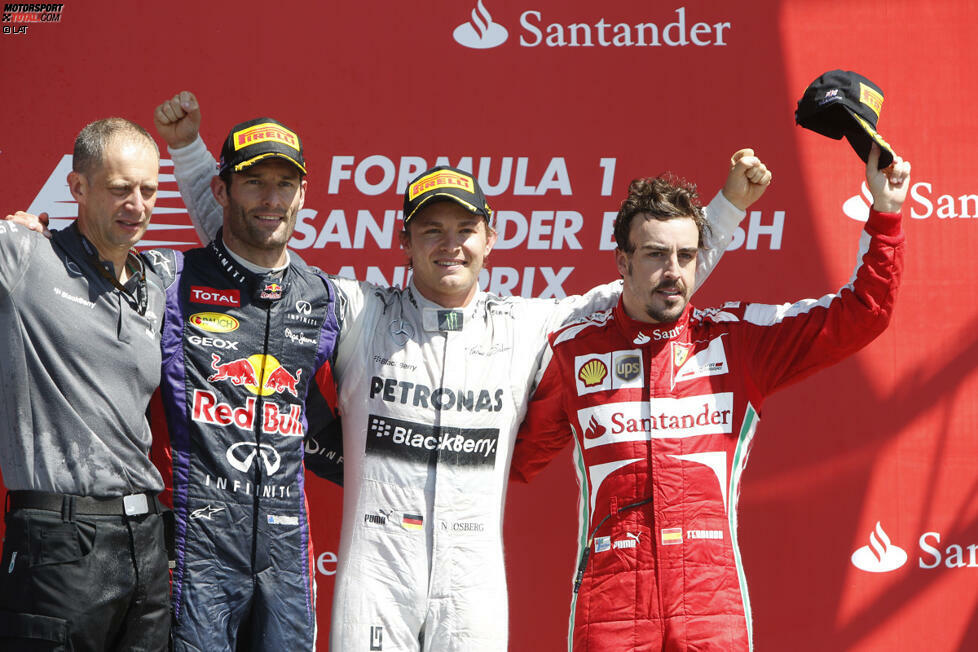 Weder Hamilton, noch Vettel standen am Ende als ganz oben auf dem Podest. Rosberg gewann vor Webber und Alonso. Hamilton hatte es aber immerhin noch auf den vierten Rang geschafft, Räikkönen kam wegen einer nicht aufgegangenen Reifen-Strategie als Fünfter ins Ziel.