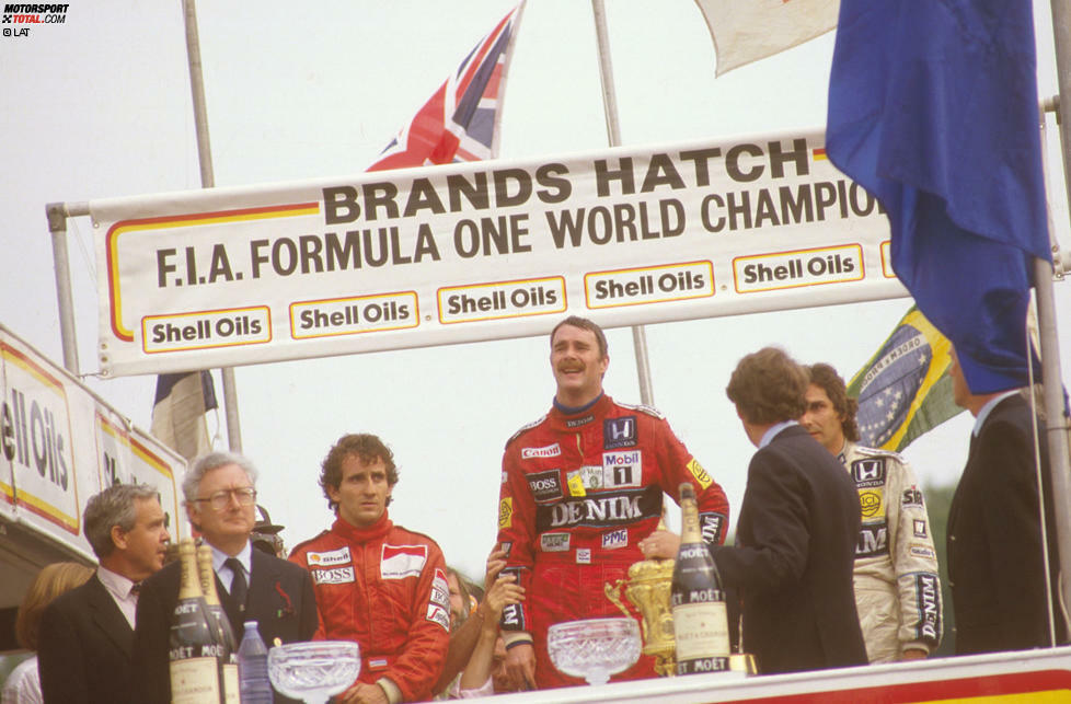 Von 66 Grands Prix in Großbritannien werden fünf in Aintree ausgetragen, zwölf in Brands Hatch und bislang 49 in Silverstone. Den Abschied als Formel-1-Austragungsort feiert Brands Hatch mit einem weiteren Chaos-Rennen. Massen-Crash in der ersten Runde, Karriere-beendende Verletzungen bei Jacques Laffite und eine eineinhalbstündige Rennunterbrechung ereignen sich, bis Nigel Mansell schließlich seinen ersten Heimsieg holt.
