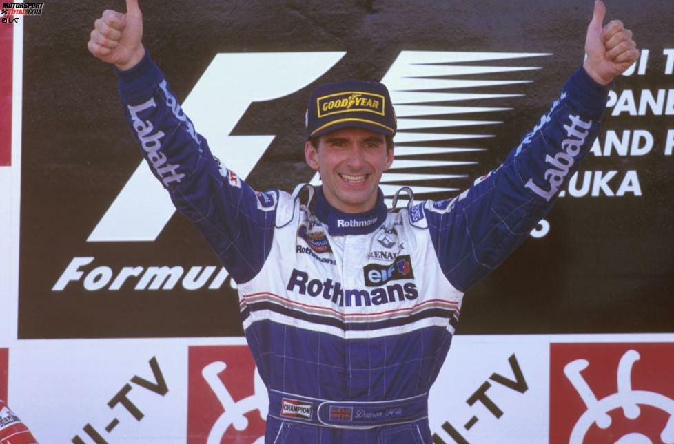 1996 endlich ist Damon Hill nicht zu schlagen. Suzuka ist erstmals das Saisonfinale. Hill gewinnt das Rennen und damit den WM-Titel vor Williams-Teamkollege Jacques Villeneuve, der nach Radverlust aufgeben muss.