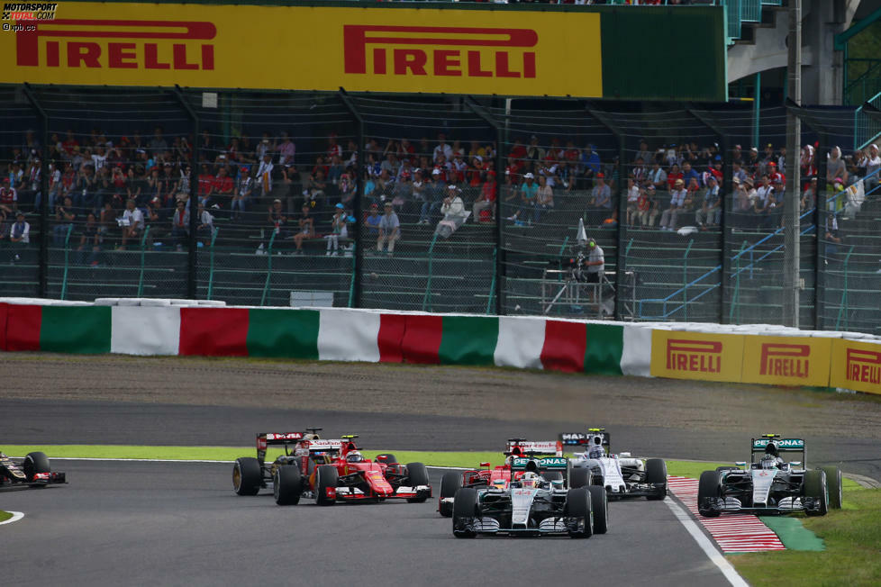 Vorentscheidung in der WM 2015: Lewis Hamilton gewinnt den Start gegen Polesetter Nico Rosberg, drückt seinen Mercedes-Teamkollegen in der ersten Kurve aber brutal nach außen. Teamintern gibt's Stunk, aber 48 Punkte Vorsprung bei fünf noch zu fahrenden Rennen sprechen eine klare Sprache.