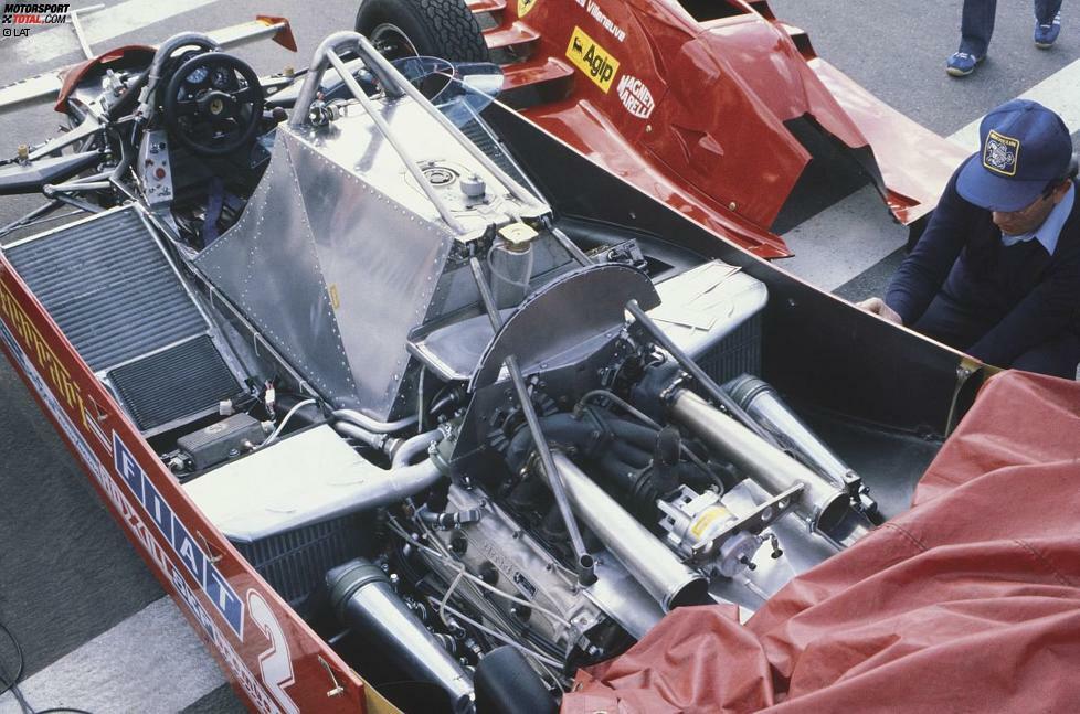 Hier im Bild zu sehen ist, wie Ferrari den selbst entwickelten Turbomotor ins Chassis eingebaut hatte. Gilles Villeneuve siegte damit in Monaco und Spanien. Über die komplette Saison hinweg hatten 1981 jedoch die Ford-Saugmotoren die Nase vorn.