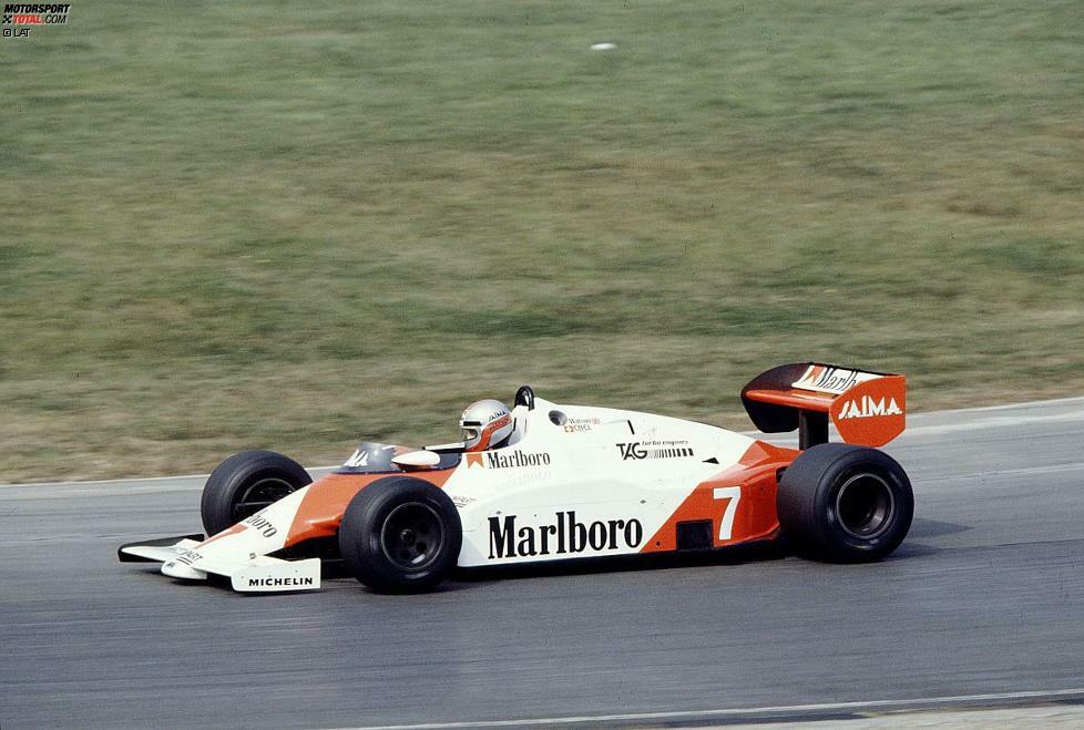 Ebenfalls 1983 testete McLaren erstmals einen TAG-Porsche-Turbomotor im McLaren MP4-1E. Auch dafür bildete Brands Hatch beim Großen Preis von Europa die Kulisse. John Watson (hier im Bild) und Niki Lauda sahen jedoch nicht die Zielflagge.