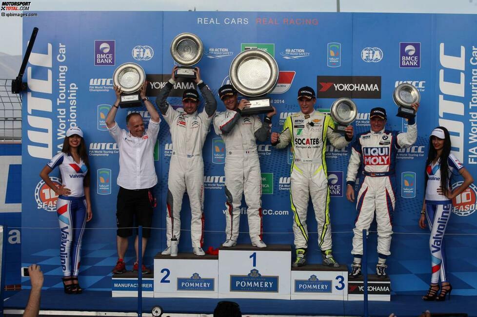 Marrakesch (Marokko), 13. April 2014: Jose-Maria Lopez (Citroen/2.), Sebastien Loeb (Citroen/1.), Hugo Valente (Campos-Chevrolet/3.) und TC2-Sieger Franz Engstler (Engstler-BMW)