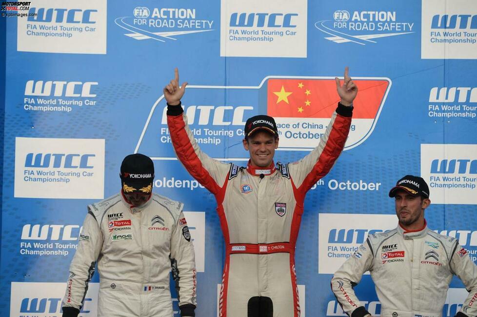 Peking (China), 5. Oktober 2014: Yvan Muller (Citroen/2.), Tom Chilton (ROAL-Chevrolet/1.) und Jose-Maria Lopez (Citroen/3.)