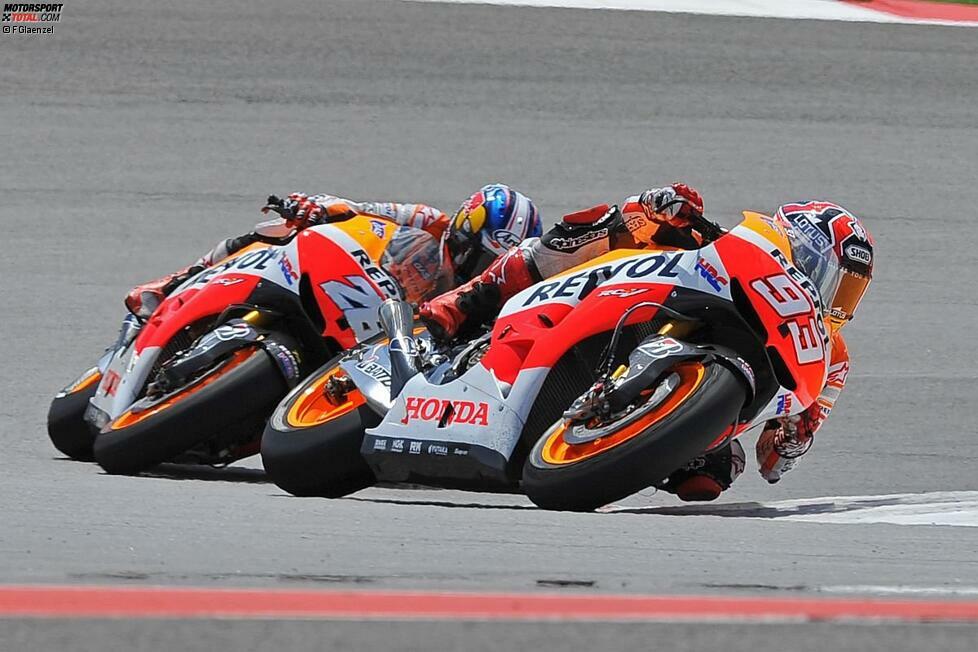 Und auch beim zweiten Rennen der Saison musste sich Routinier Pedrosa geschlagen geben: Rookie Marquez holte in Texas seinen ersten MotoGP-Sieg und rüttelte weiter an Pedrosas Vormachtstellung im Team.