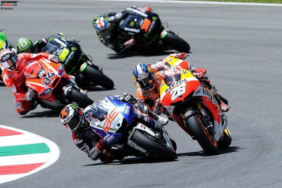 Beim Start zum Italien-Grand-Prix in Mugello wurde es zwischen Lorenzo und Pedrosa eng. Danach fuhr Lorenzo einem ungefährdeten Sieg entgegen, während Pedrosa und Marquez um Platz zwei kämpften. Marquez verabschiedete sich mit einem Sturz auf dem Rennen, Pedrosa wurde Zweiter.
