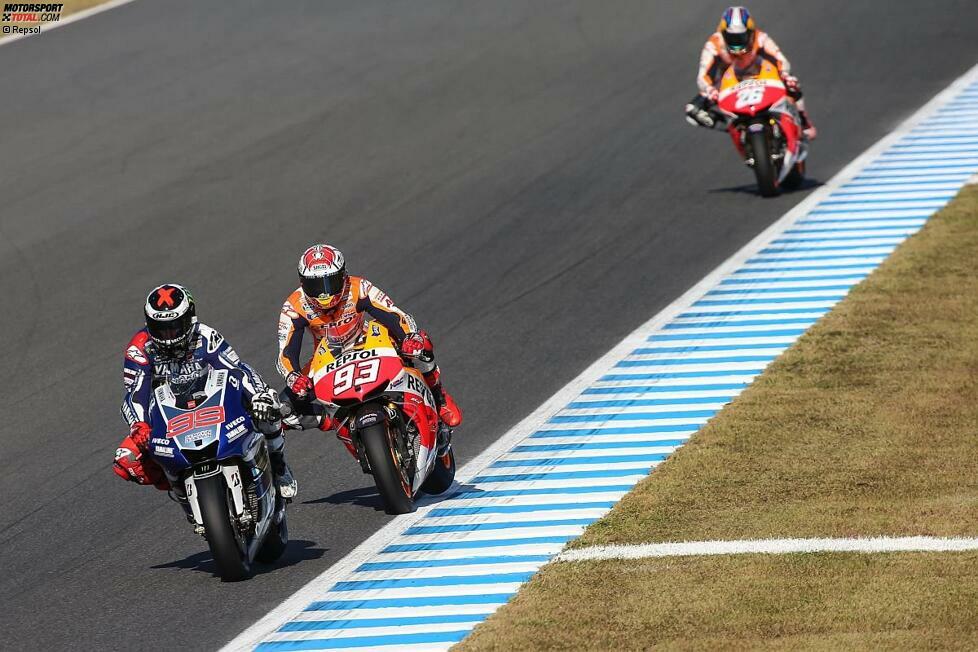Mangelnde Traktion verhinderte beim Honda-Heimspiel in Motegi mehr als einen nüchternen dritten Platz: Erneut wurde der Sieg zwischen Lorenzo und Marquez entschieden.
