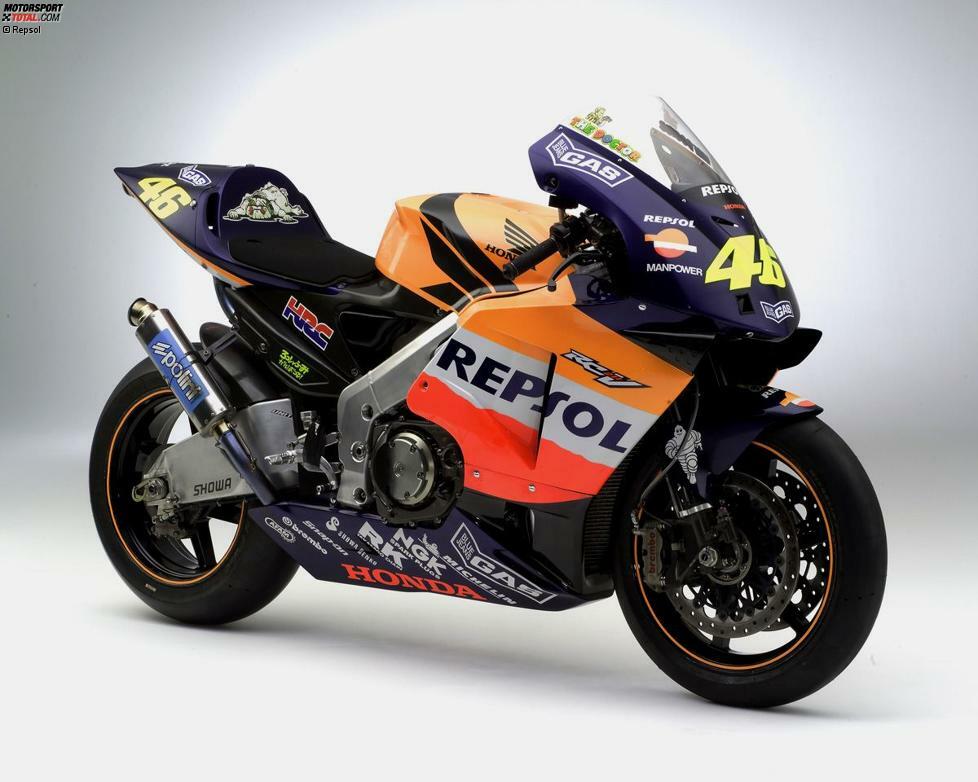 Honda RC211V (Jahrgang 2002): über 200 PS Leistung - 145 Kilogramm - 24 Liter Kraftstoff - Fahrer: Valentino Rossi (Weltmeister), Toru Ukawa (WM-Dritter)