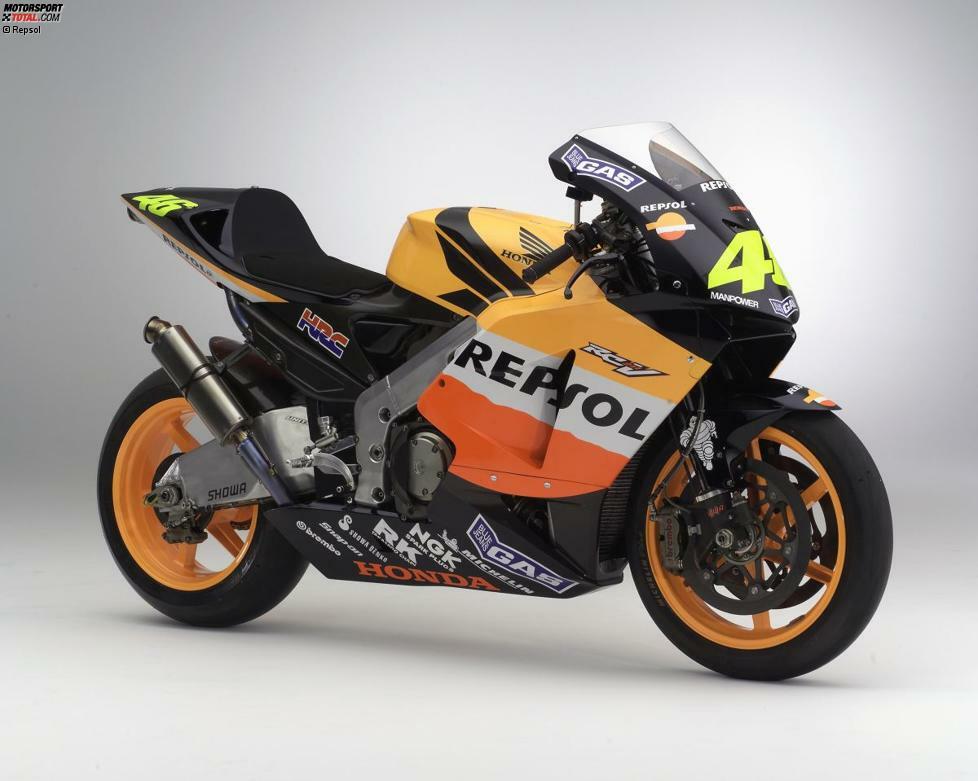 Honda RC211V (Jahrgang 2003): über 220 PS Leistung - 145 Kilogramm - 24 Liter Kraftstoff - Fahrer: Valentino Rossi (Weltmeister), Nicky Hayden (WM-Fünfter)