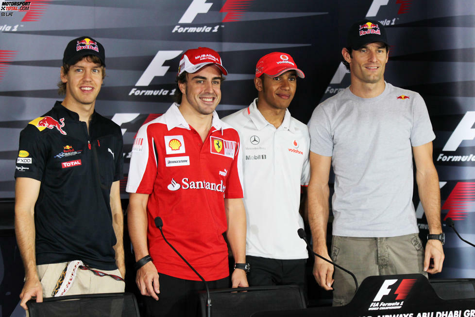 2010: Sebastian Vettel gegen Mark Webber, Fernando Alonso und Lewis Hamilton: Letztes Rennen in Abu Dhabi - und gleich vier Fahrer können noch Weltmeister werden, davon in Person der Red-Bull-Piloten Vettel und Webber zwei Teamkollegen.
