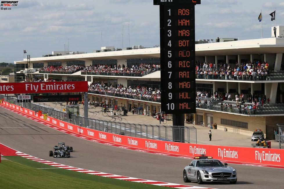 Das Safety-Car muss auf die Strecke - und Rosberg gewinnt auch den Restart in der fünften Runde. Übrigens: Weil sie während der Gelbphase zu schnell fahren, werden gegen Pastor Maldonado (Lotus), Jean-Eric Vergne (Toro Rosso) und Esteban Gutierrez (Sauber) Fünf-Sekunden-Strafen ausgesprochen. Maldonado handelt sich wegen Pitlane-Speeding später noch eine zweite ein.