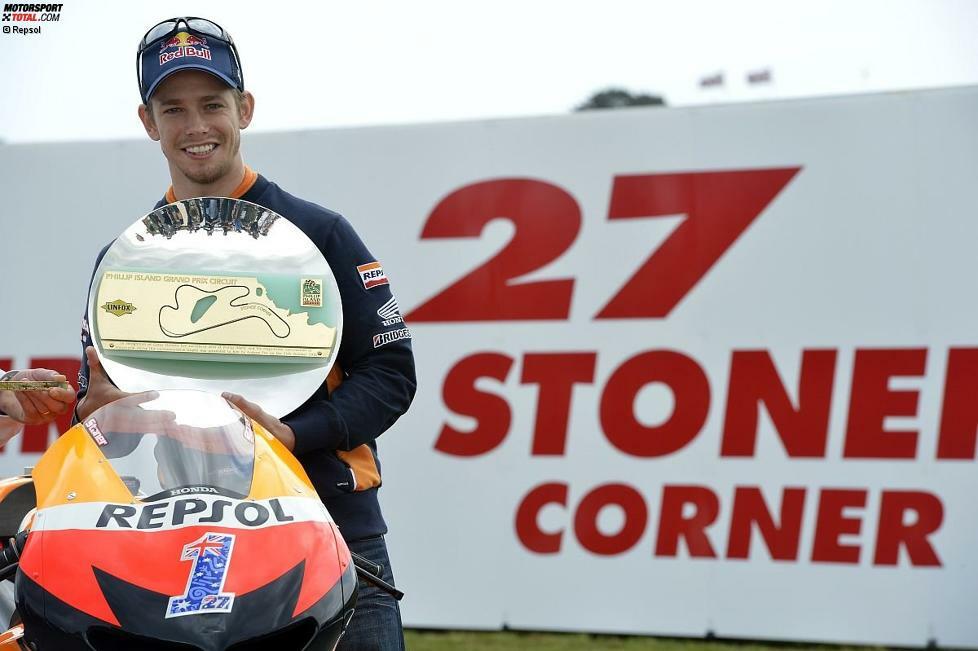 Die MotoGP-Bilanz von Casey Stoner: 115 Grands Prix, 45 Siege, 89 Podestplätze, 43 Poles, 33 schnellste Rennrunden. MotoGP-Weltmeister 2007,2011.