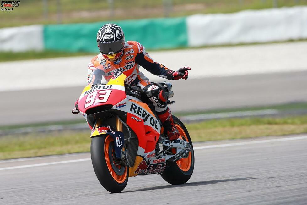 Weltmeister Marc Marquez zertrümmert mit 1:58.867 Minuten den inoffiziellen Rundenrekord. Bei der Rennsimulation ist der Honda-Werksfahrer nicht der Schnellste, weil er am heißen Nachmittag fährt.