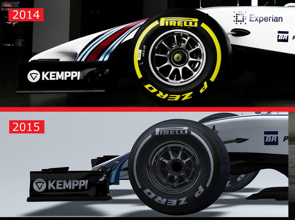 Im Detail: stärker abfallende Nase beim Williams FW37, den neuen Formel-1-Regeln 2015 geschuldet.