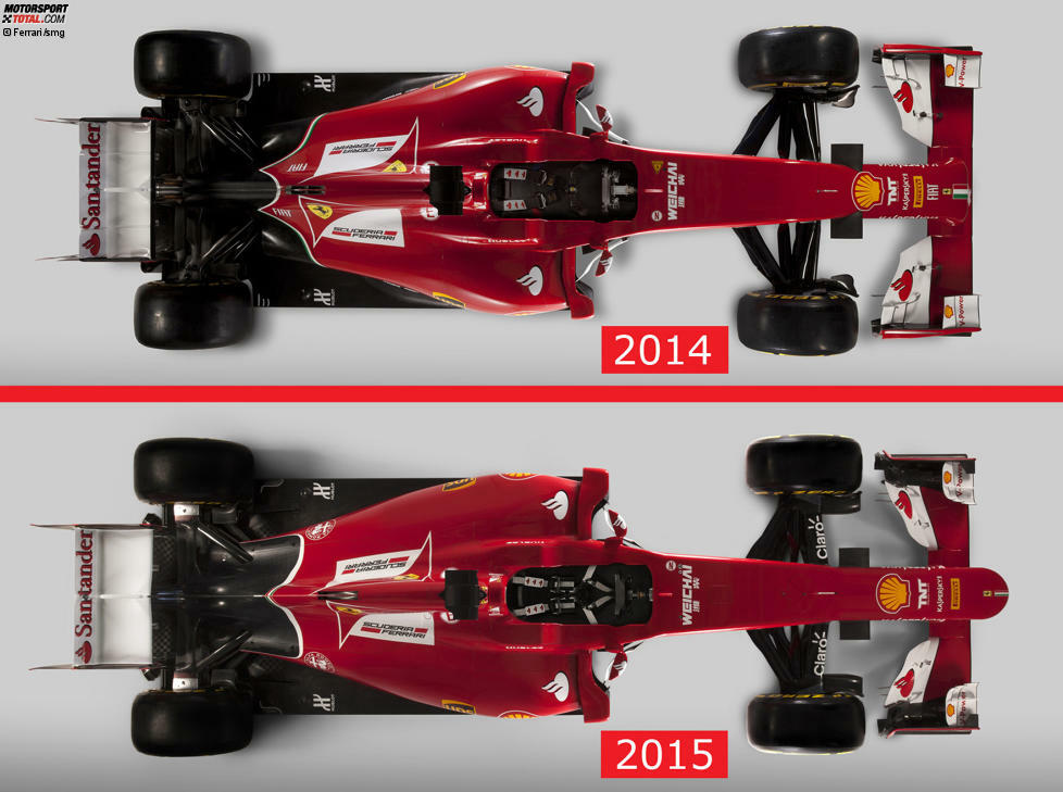 Obligatorisch sind natürlich neue Front- und Heckflügel (die in den nächsten Wochen sicher noch ausgetauscht werden), aber insgesamt kann man von einer Evolution des Vorjahreswagens F14 T sprechen.