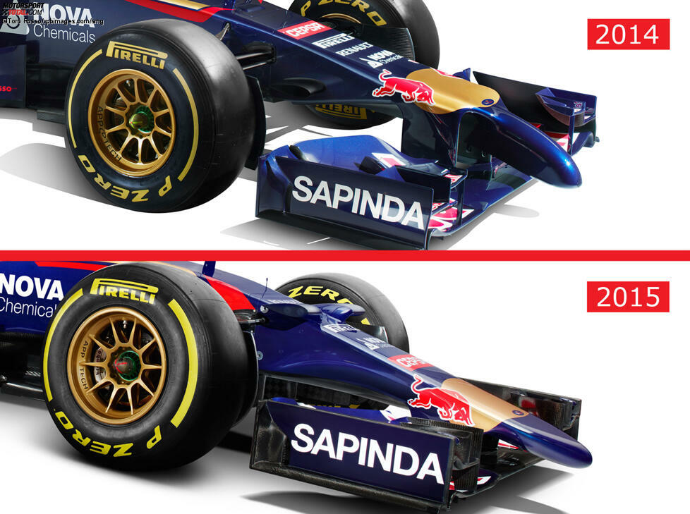 Apropos Finger: Auch bei Toro Rosso wird der abstehende Finger durch eine eleganteres Design ersetzt. Die Nase wirkt zwar bei den Testfahrten in Jerez noch genauso lang wie sein Vorgänger, doch wie bei Ferrari oder McLaren soll bis Melbourne eine kurze Variante folgen: 