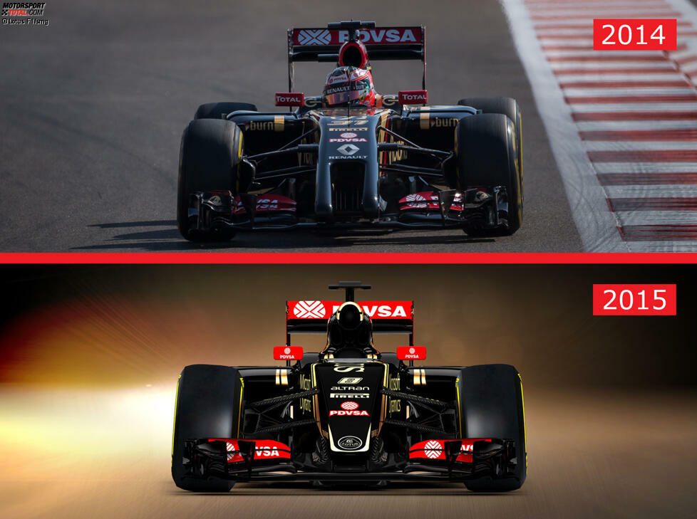 Hinter der Nase unterscheidet sich der Lotus E23 von seinem Vorgänger: Die Seitenkästen sind nun nach außen und nicht mehr nach innen gewölbt, ...