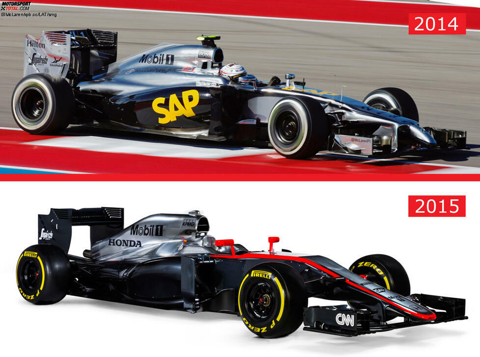 Neben den technischen Neuerungen ist es aber vor allem die Lackierung, die auffällt: McLaren bleibt beim schwarz-silbernen Grundschema der vergangenen Jahre, ergänzt aber noch ein paar Elemente in Rot.