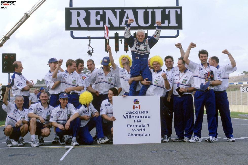 Mit Platz drei beim Saisonfinale 1997, dem Grand Prix von Europa in Jerez, holt sich Villeneuve die nötigen Punkte, um Titelkonkurrent Michael Schumacher (Ferrari) noch abzufangen. Für Renault läutet Villeneuves WM-Titel eine erneute Formel-1-Pause ein - zumindest, was den Namen betrifft. Zwar setzt das Benetton-Team auch in den Jahren 1998 bis 2000 Renault-Triebwerke ein. Aus Marketinggründen heißen diese aber Playlife. Neben Benetton fahren auch Williams (1998 und 1999) und BAR (1999 und 2000) mit Renault-Motoren. Diese firmieren unter der Bezeichnung Mecachrome (1998) beziehungsweise Supertec (1999 und 2000).
