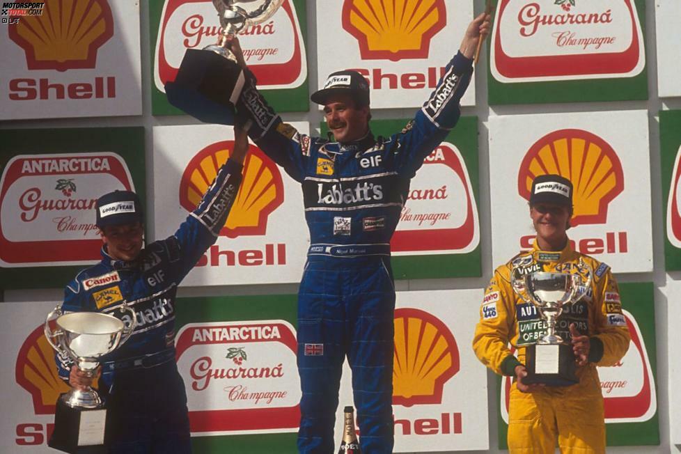1992 schaffen es bei 16 Rennen gar nur sieben Fahrer, an der Podiumszeremonie teilzunehmen: Weltmeister Nigel Mansell (12), Riccardo Patrese (9) und Michael Schumacher (8), darüber hinaus Ayrton Senna, Gerhard Berger, Martin Brundle und Jean Alesi.