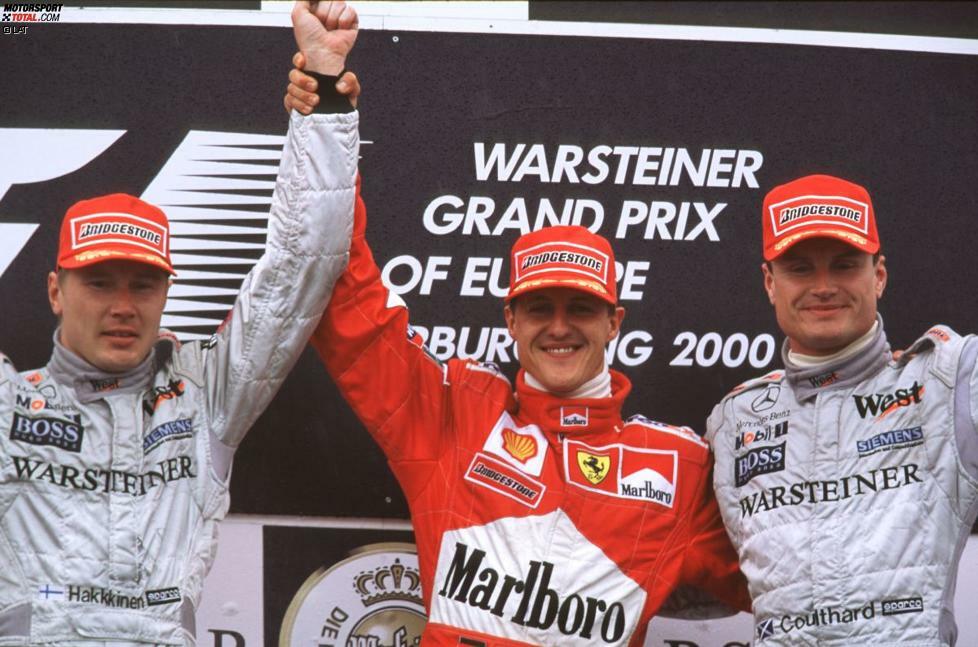 2000 gelingt bei 17 Rennen ebenfalls nur sieben Piloten der Sprung auf das Treppchen: Weltmeister Michael Schumacher (12), David Coulthard und Mika Häkkinen (je 11) sowie Rubens Barrichello, Giancarlo Fisichella, Ralf Schumacher und Heinz-Harald Frentzen.