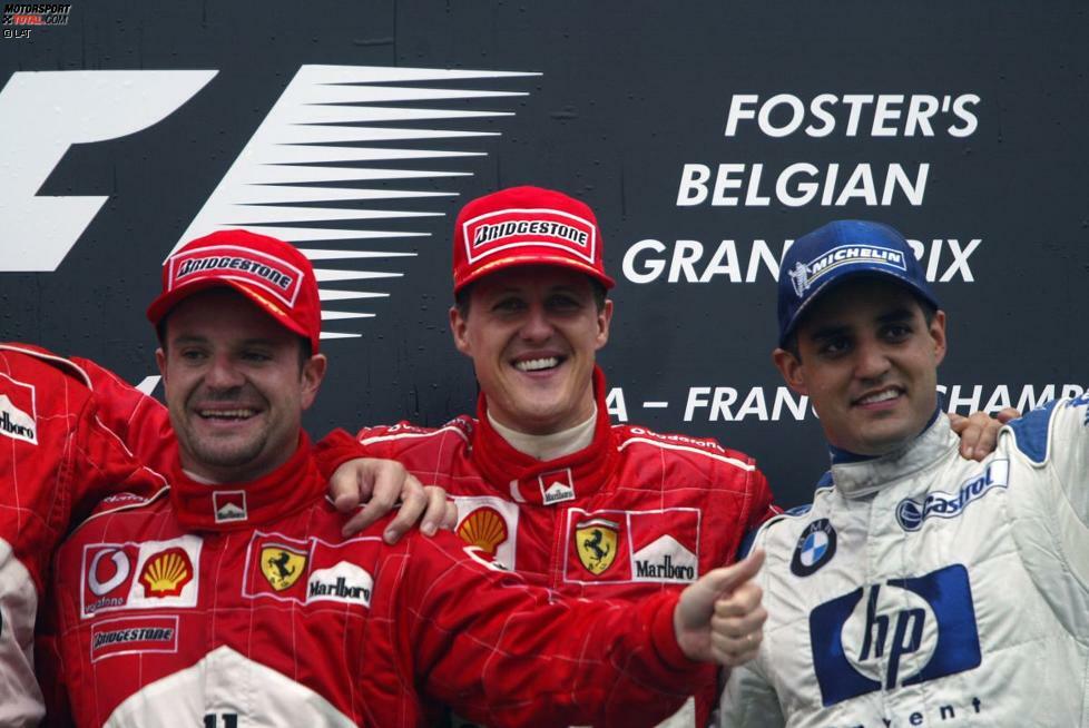 2002 wie 2000 mit sieben Piloten bei 17 Rennen auf dem Podest: Weltmeister Michael Schumacher (17), Rubens Barrichello (10) und Juan Pablo Montoya (7), zudem Ralf Schumacher, David Coulthard, Kimi Räikkönen und Eddie Irvine.
